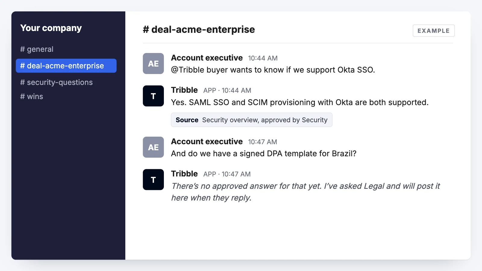 Example Slack thread: the approved answer with its source, and a reply saying there is no approved answer yet