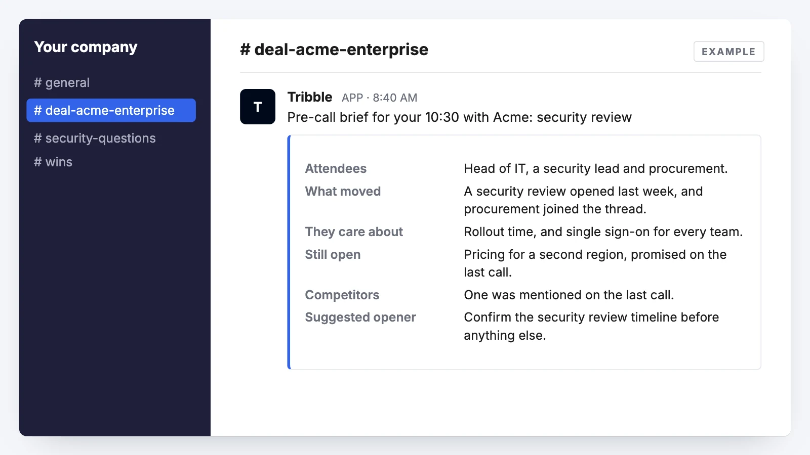 Example pre-call brief in Slack: attendees, what moved, what they care about, what is still open